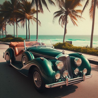 Vintage car parked on beach road