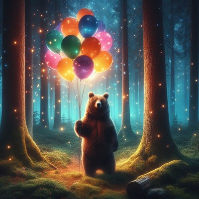 Bear holding balloons in a forest