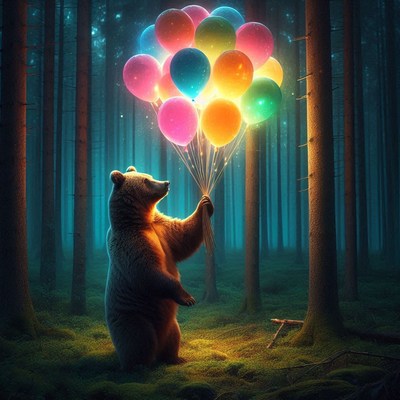 Bear holding balloons in forest