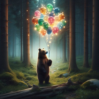 Bear holding balloons in forest
