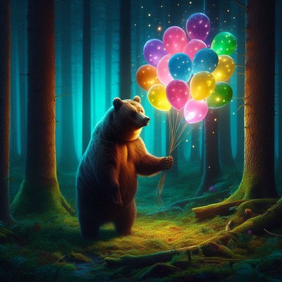 Bear holding balloons in dark forest