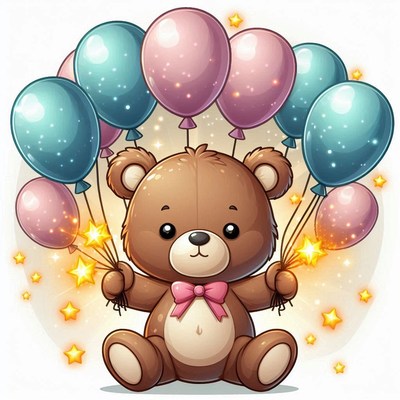 Teddy bear holding balloons with sparklers