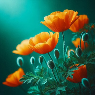 Orange poppy flowers against teal background