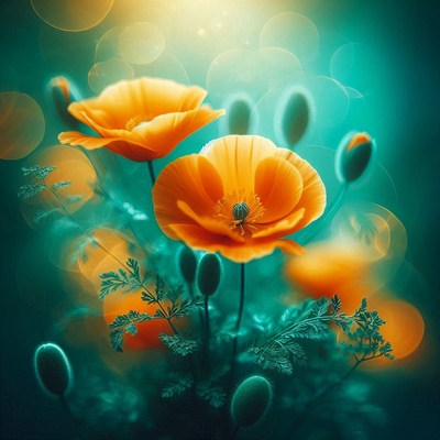 Orange poppies in green field