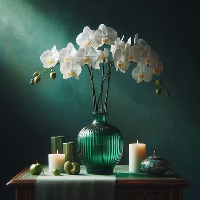 White orchids in green vase