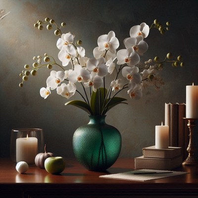 White orchid arrangement on table