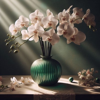 White orchids in green vase