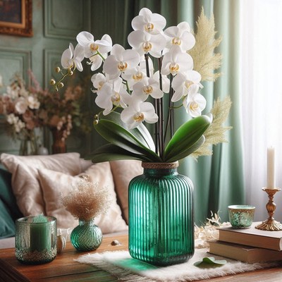 White orchid arrangement in teal vase