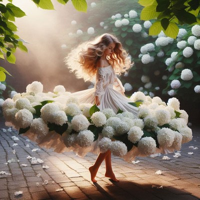 Girl in white dress dancing on flower path