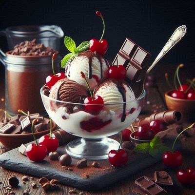 Chocolate cherry ice cream sundae