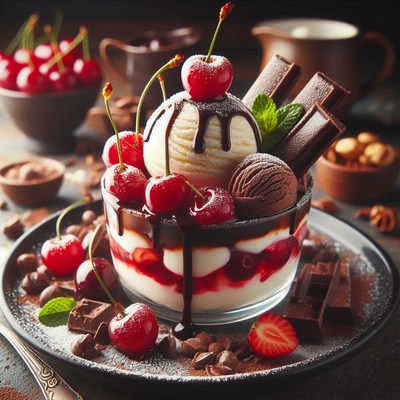 Chocolate cherry ice cream dessert