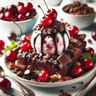 Chocolate brownie sundae with cherries