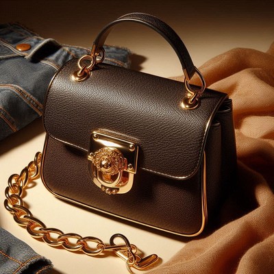 Black leather handbag with gold chain