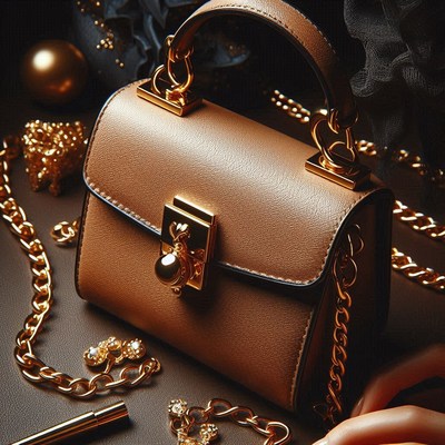 Brown leather handbag with gold chain