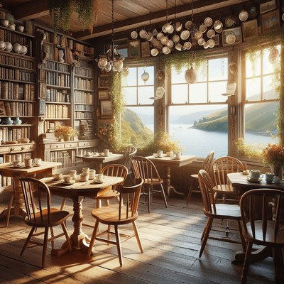 Coastal cafe with bookcases and sunlight