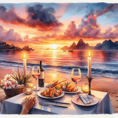 Romantic beach dinner at sunset