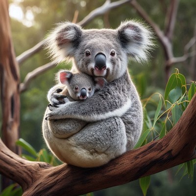 Koala mother and baby on branch