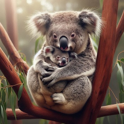 Koala mother and baby in a tree