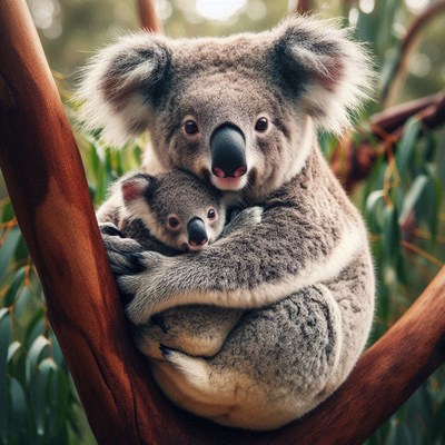 Koala mother and joey hugging in tree