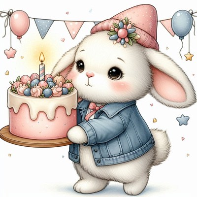 Cute bunny holding birthday cake