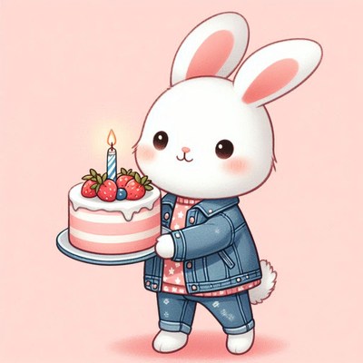 Cute bunny holding birthday cake