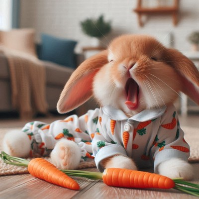Bunny in pajamas yawns with carrots