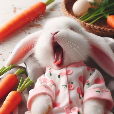 White bunny yawning in pajamas