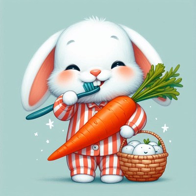 Bunny in pajamas brushing teeth