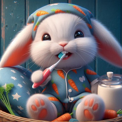 Bunny in pajamas brushes teeth