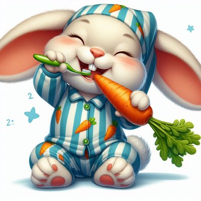 Bunny in pajamas eats carrot