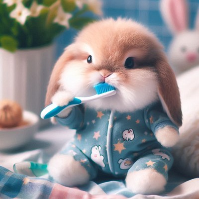 Bunny in pajamas brushes teeth