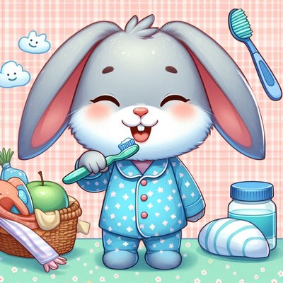 Bunny in pajamas brushes teeth