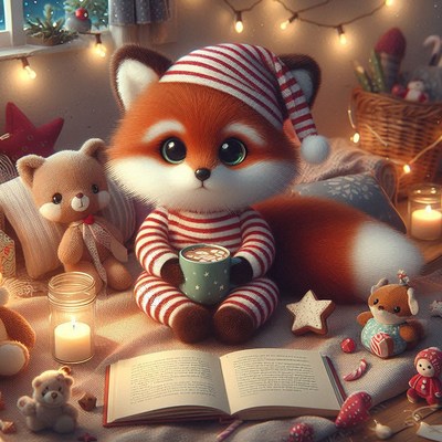 Fox in pajamas reading by candlelight
