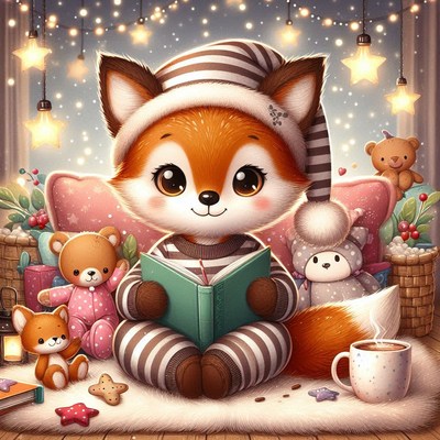 Cozy fox reading by the fireplace