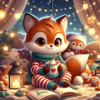 Cozy fox reading by the fireplace