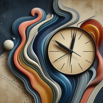 Clock and abstract wavy lines