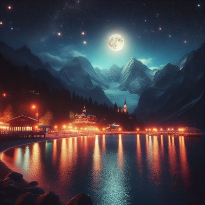 Mountain lake village night
