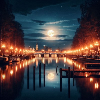 Cityscape under full moon