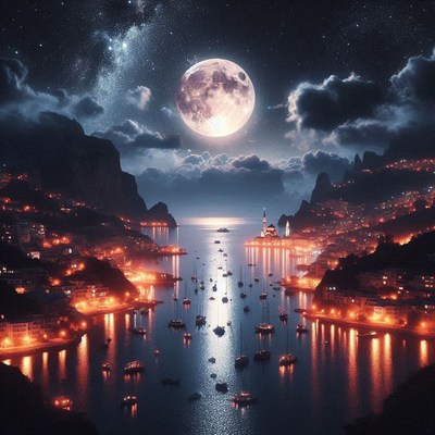 Coastal city under full moon
