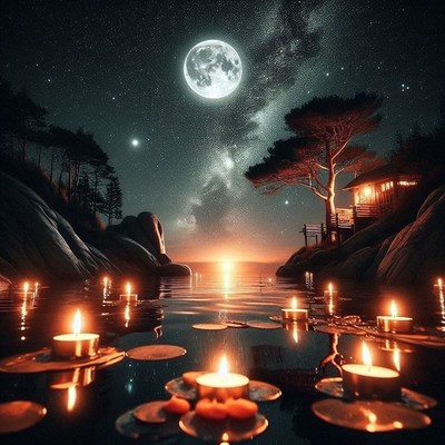 Nighttime lake scene with full moon