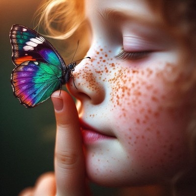Child touches butterfly