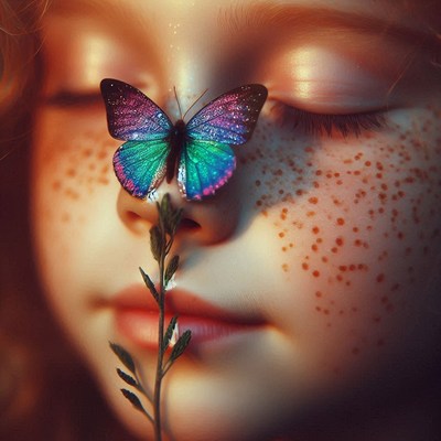 Girl with butterfly on nose