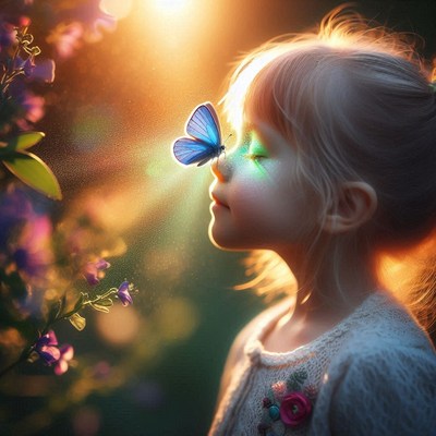 Girl with butterfly on nose at sunset
