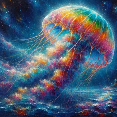 Cosmic jellyfish over ocean waves