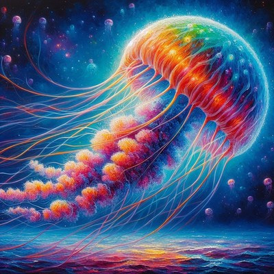Colorful jellyfish over ocean at night