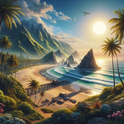 Tropical beach sunset with mountains