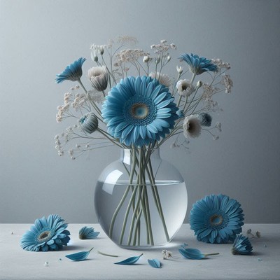 Blue gerbera daisies in vase on table