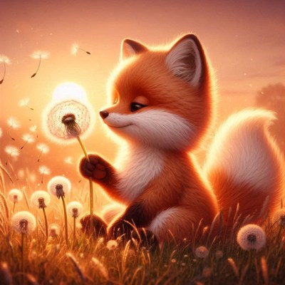 Fox watching dandelion seeds blow
