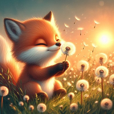 Fox blowing dandelion seeds at sunset