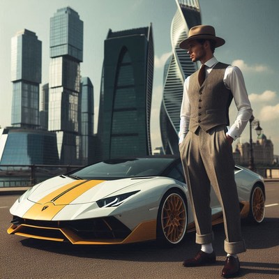 Man in suit standing by sports car in city